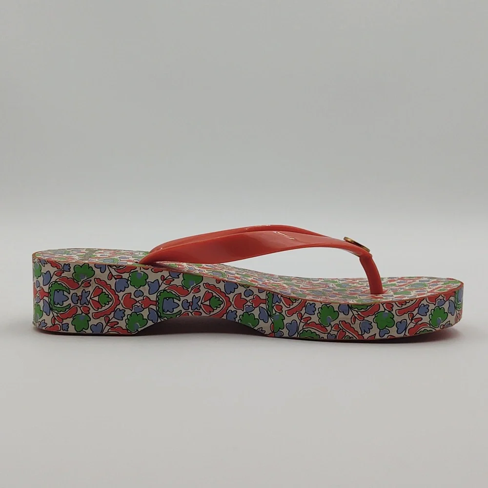 Tory Burch Wedge Flip Flop Sandals Paisley Cut Out Coral 6 Boho Resort Lounge